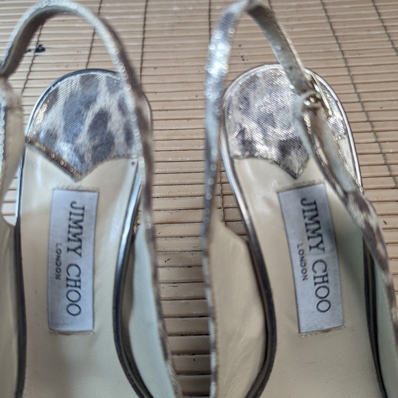 Jimmy Choo metallic mirror stiletto 4" heels, Open Toe Pumps Slingback Leopard W - Picture 9 of 11